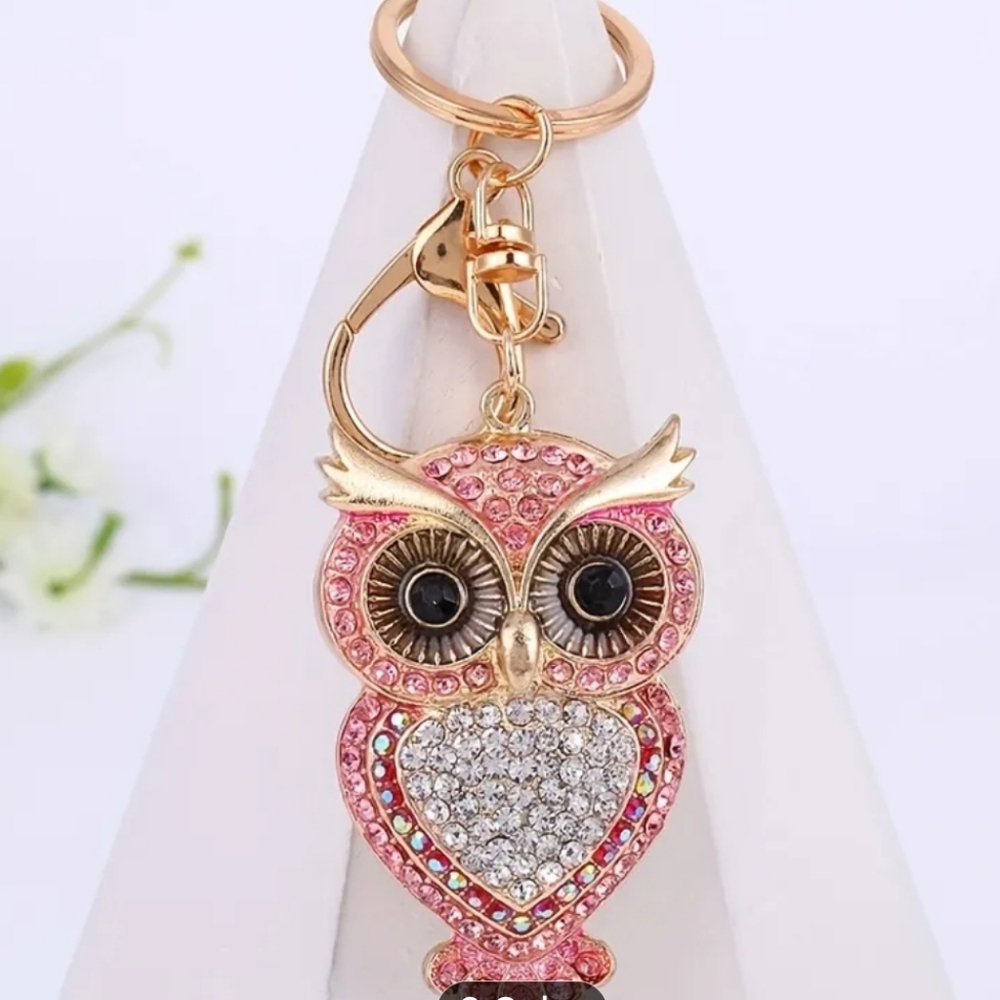 🆕️🦉 PINK RHINESTONE OWL PURSE CHARM / KEYCHAIN 🦉